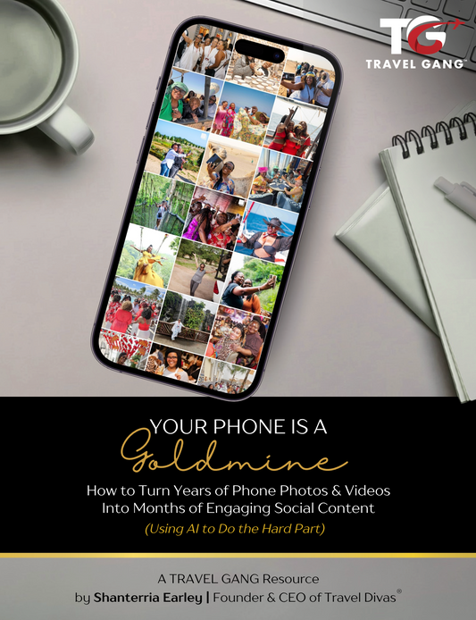 Phone case with collage of photos on a table with a cup and notebook, featuring Travel Gang branding.